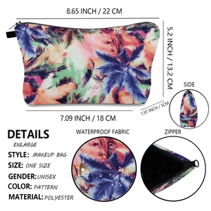 Waterproof polyester makeup bag with tropical palm tree pattern for travel and storage