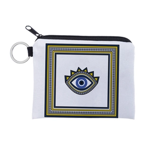 Detailed close-up of a white canvas coin purse with blue Evil Eye print and metal keyring