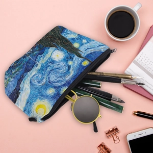 Starry Night pattern cosmetic bag with zipper, portable travel makeup storage pouch