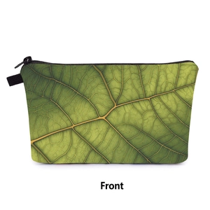 Front view of green leaf pattern cosmetic bag with high-quality printing and zipper
