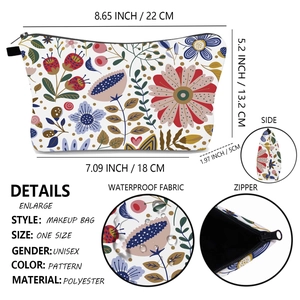 Floral makeup bag in waterproof polyester with zipper closure and detailed size dimensions
