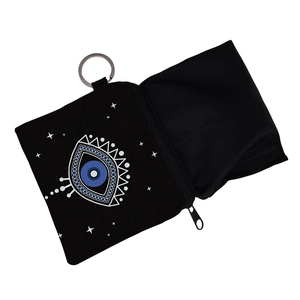 Black Evil Eye coin purse with zipper closure and silver metal ring for women