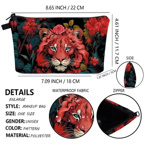 Waterproof polyester cosmetic bag with red tiger and floral print for travel storage
