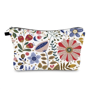 Floral Print Makeup Bag For Women Polyester Travel Cosmetic Organizer Zipper Portable Toiletry Storage Bag White