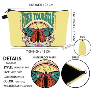 Portable butterfly print makeup bag in yellow with waterproof polyester and zipper top