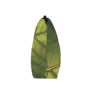 Detailed side view of leaf pattern makeup bag with black zipper and fabric texture