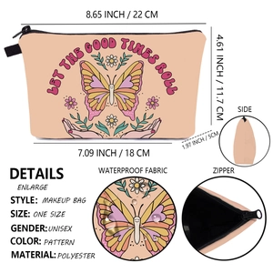 Waterproof butterfly print makeup bag in polyester with top zipper and size dimensions