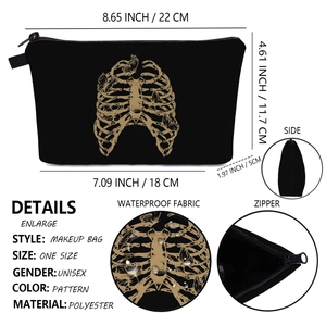 Waterproof polyester makeup bag with golden skull butterfly print and dimensions detail