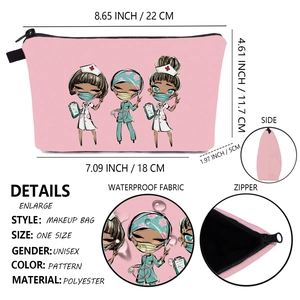 Pink nurse print cosmetic bag in polyester with dimensions and zipper details