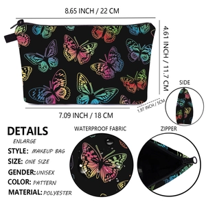 Macro detail of butterfly print makeup bag showing waterproof polyester fabric and zipper
