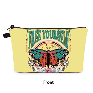 Detailed close-up of a butterfly printed travel makeup bag with Free Yourself text