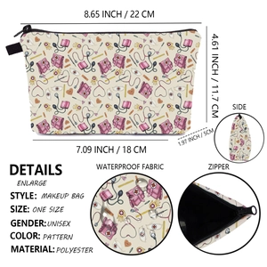 Detailed views showing waterproof polyester fabric and nurse print makeup bag dimensions