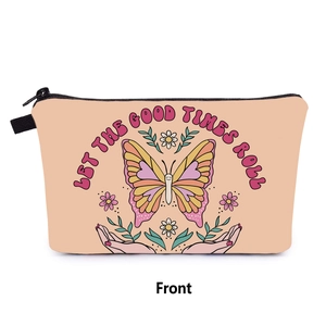 Detail view of pink butterfly makeup bag with Let The Good Times Roll slogan and zipper