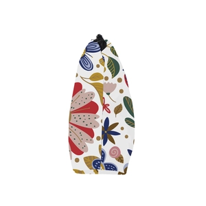 Detailed side view of floral cosmetic bag featuring retro prints and black zipper closure