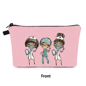 Detailed front view of pink cosmetic bag featuring cute nurse print and black zipper