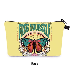 Back view of yellow butterfly makeup bag with Free Yourself text and black zipper