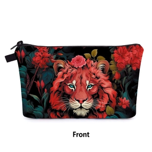 Front view of travel makeup bag featuring red lion illustration and gold zipper detail