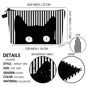 Portable striped polyester makeup bag with cat print and waterproof texture detail