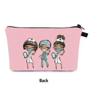 Back view of pink makeup bag featuring cute cartoon nurse illustrations and a zipper closure