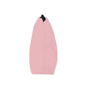 Side view of pink cosmetic bag with black zipper closure on plain white background