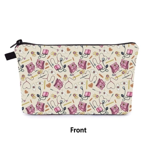 Front view of trapezoid cosmetic bag with medical prints and black zipper closure