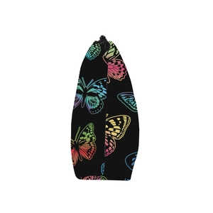 Close-up of rainbow butterfly pattern on black cosmetic bag with zipper closure detail