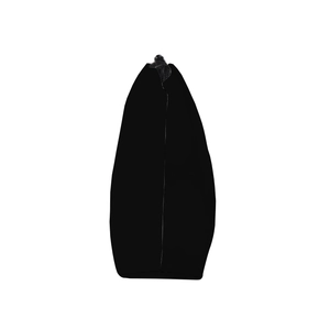 Side view of black portable travel makeup bag with a sleek triangular profile and zipper