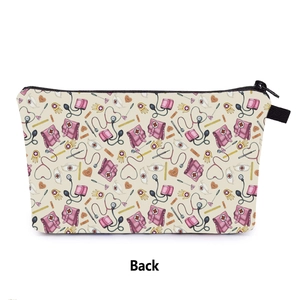 Back view of cute nurse pattern makeup bag showing medical print and black handle