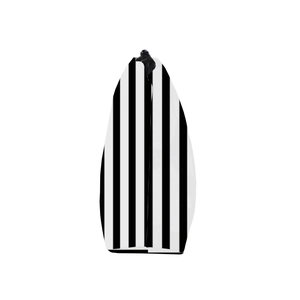 Detailed side view of a black and white vertical striped cosmetic bag with a black zipper