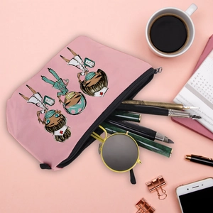 Detailed flat lay of a pink nurse theme cosmetic bag with cartoon medical staff graphics