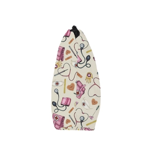 Detail side view of beige makeup bag with medical nurse prints and a black zipper closure