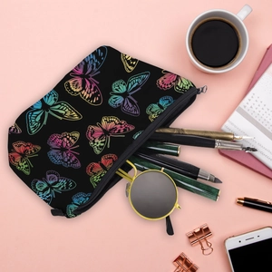 Black butterfly print makeup bag with zipper, portable travel storage for cosmetics