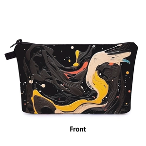 Vista frontale della borsa da trucco con stampa astratta fluid art e cerniera nera