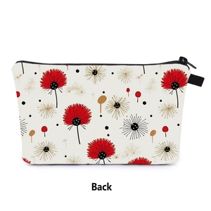 Detailed back view of white cosmetic bag featuring vibrant red dandelion floral patterns