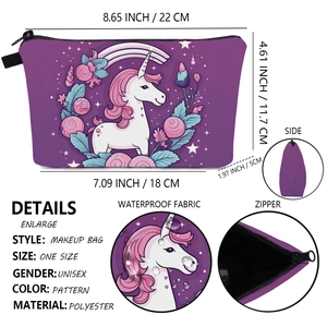 Detail view of unicorn makeup bag with polyester waterproof material and size dimensions