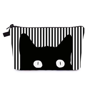 Women Striped Cat Print Cosmetic Bag Portable Travel Toiletry Bag Makeup Organizer Pouch Polyester Zipper Handbag Case