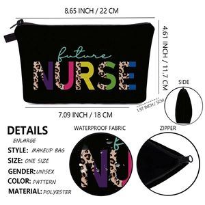 Detailed dimensions of waterproof polyester cosmetic bag with future NURSE leopard print