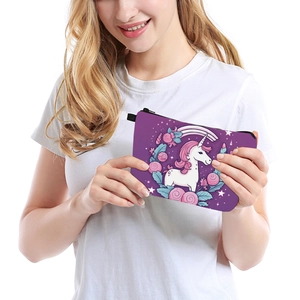 Cute purple unicorn print makeup bag for travel, portable cosmetic organizer with zipper