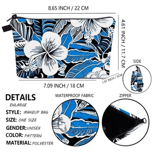 Detail view of floral makeup bag showing waterproof polyester material and dimensions