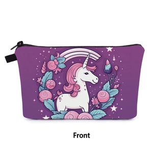 Front view of purple unicorn makeup bag with rainbow floral print and black zipper
