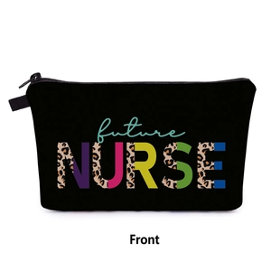 Front view of black nurse makeup bag with colorful future nurse leopard print text