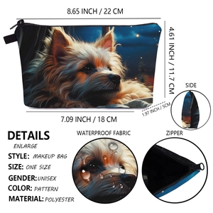 Detailed view of Yorkshire Terrier print makeup bag with size guide and zipper detail