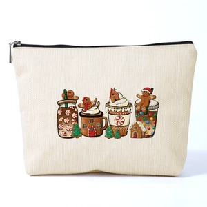Christmas Gingerbread Man Print Faux Linen Makeup Bag Large Capacity Travel Toiletry Pouch Portable Cosmetic Zipper Bag
