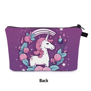 Rear view of purple unicorn makeup bag featuring rainbow prints and zipper closure
