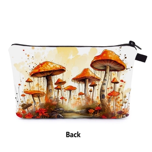 Vista posteriore della borsa da viaggio con vivace stampa a funghi arancioni