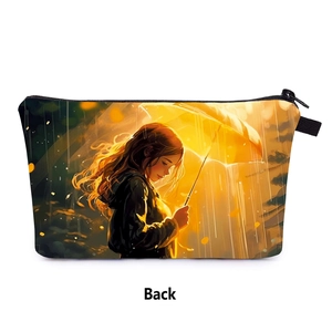 Détail arrière de la trousse de maquillage avec motif fille sous la pluie et dragonne