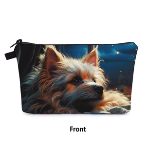 Detailed front view of portable makeup bag with Yorkshire Terrier dog print and zipper