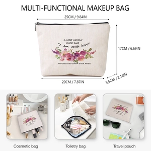 Linen makeup bag with purple flower print and motivational quote showing dimensions