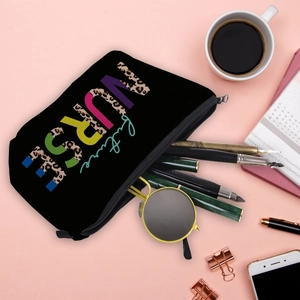 Portable black makeup bag for women featuring a colorful leopard future NURSE print