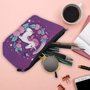 Portable purple unicorn travel cosmetic bag with cartoon print for women's toiletries